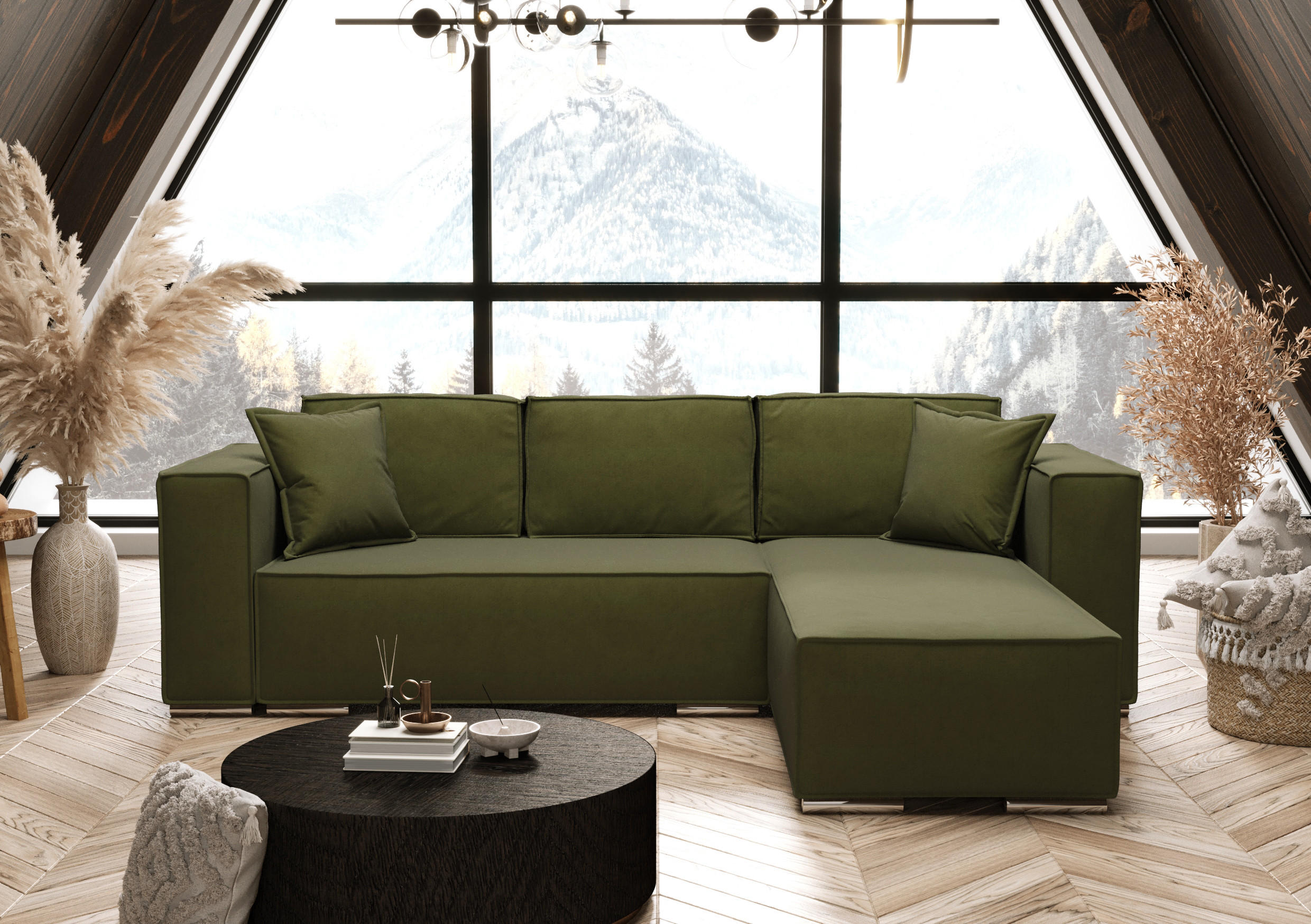ECKSOFA L Form Vinoria Grün 255/180/82 cm Rechts mit Schlaffunktion - Chromfarben/Dunkelgrün, Textil/Metall (255/180cm) - AX Living