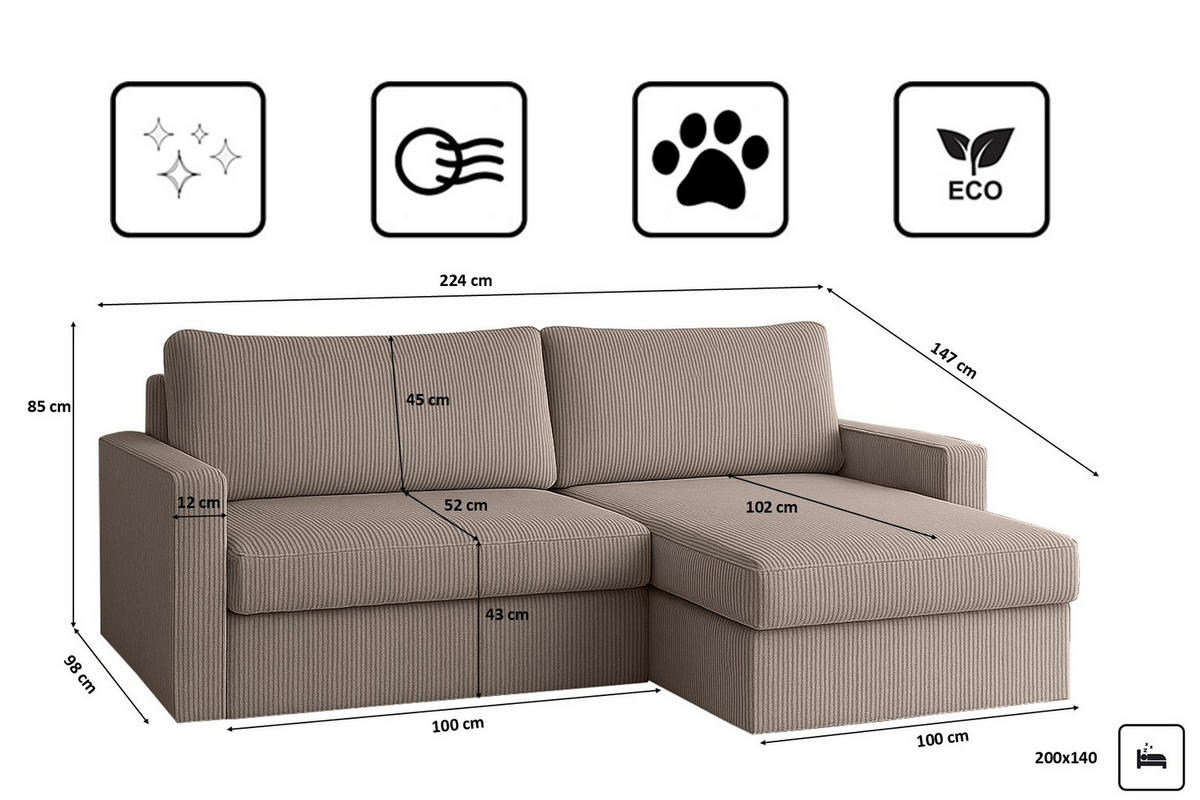 ECKSOFA Mit Schlaffunktion Und Bettzeugablage LUBEKA Stoff Poso Dunkelbeige Rechts - Cappuccino, Holz/Textil (224/147cm) - Kaiser Möbel