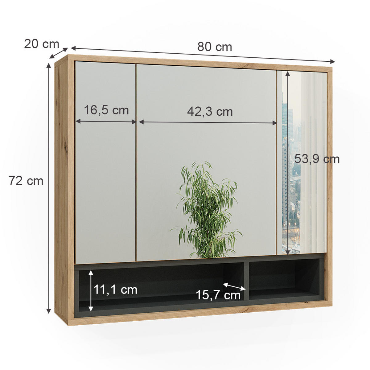 BADSPIEGELSCHRANK Beatrice Artisan Eiche/Anthrazit 80 x 72 cm - Anthrazit/Eiche Artisan, Holzwerkstoff (80/72/20cm) - Vicco
