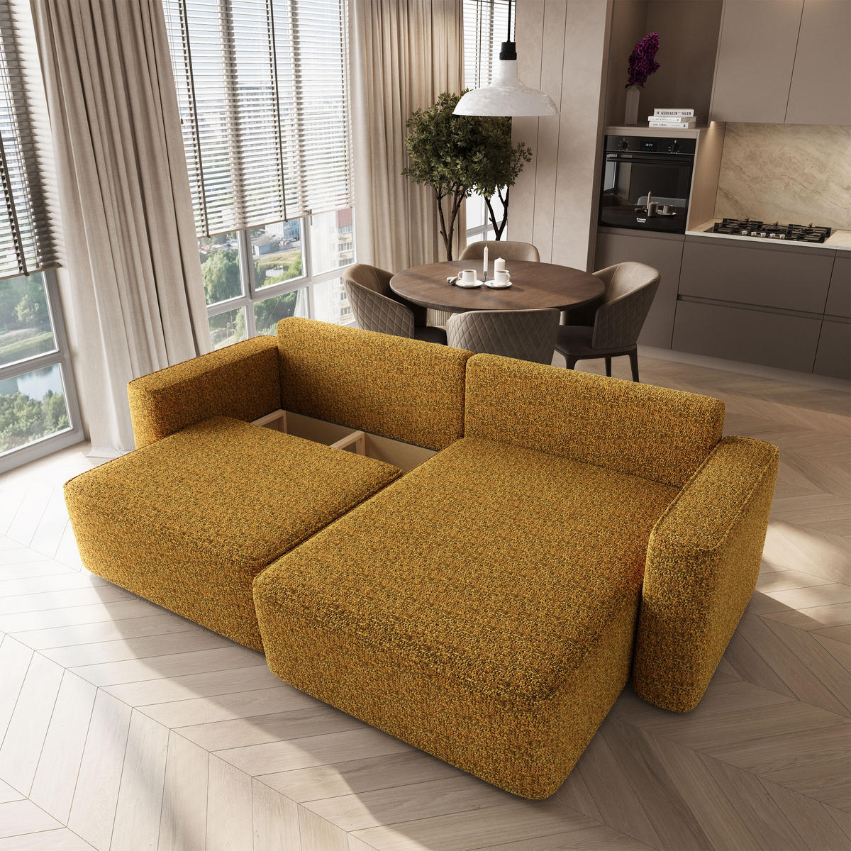 ECKSOFA BELISE BL Currygelb Chenille mit Schlaffunktion - Currygelb, Holz/Textil (252/162cm) - MASSENO