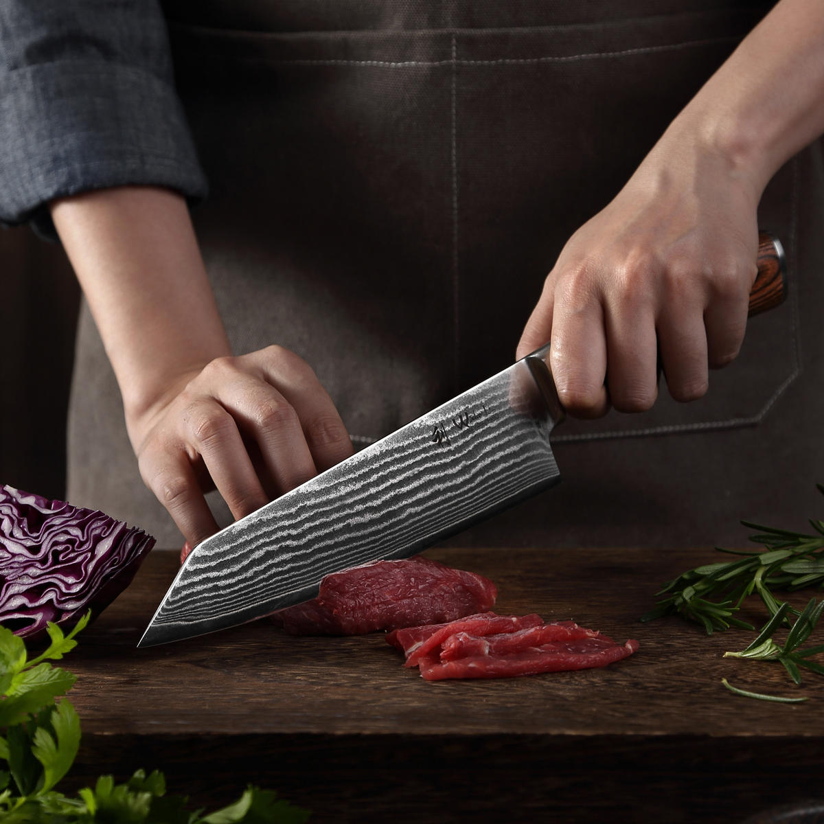 KIRITSUKE Damastmesser I EDIB - Braun, Holz/Metall (30cm) - Wakoli