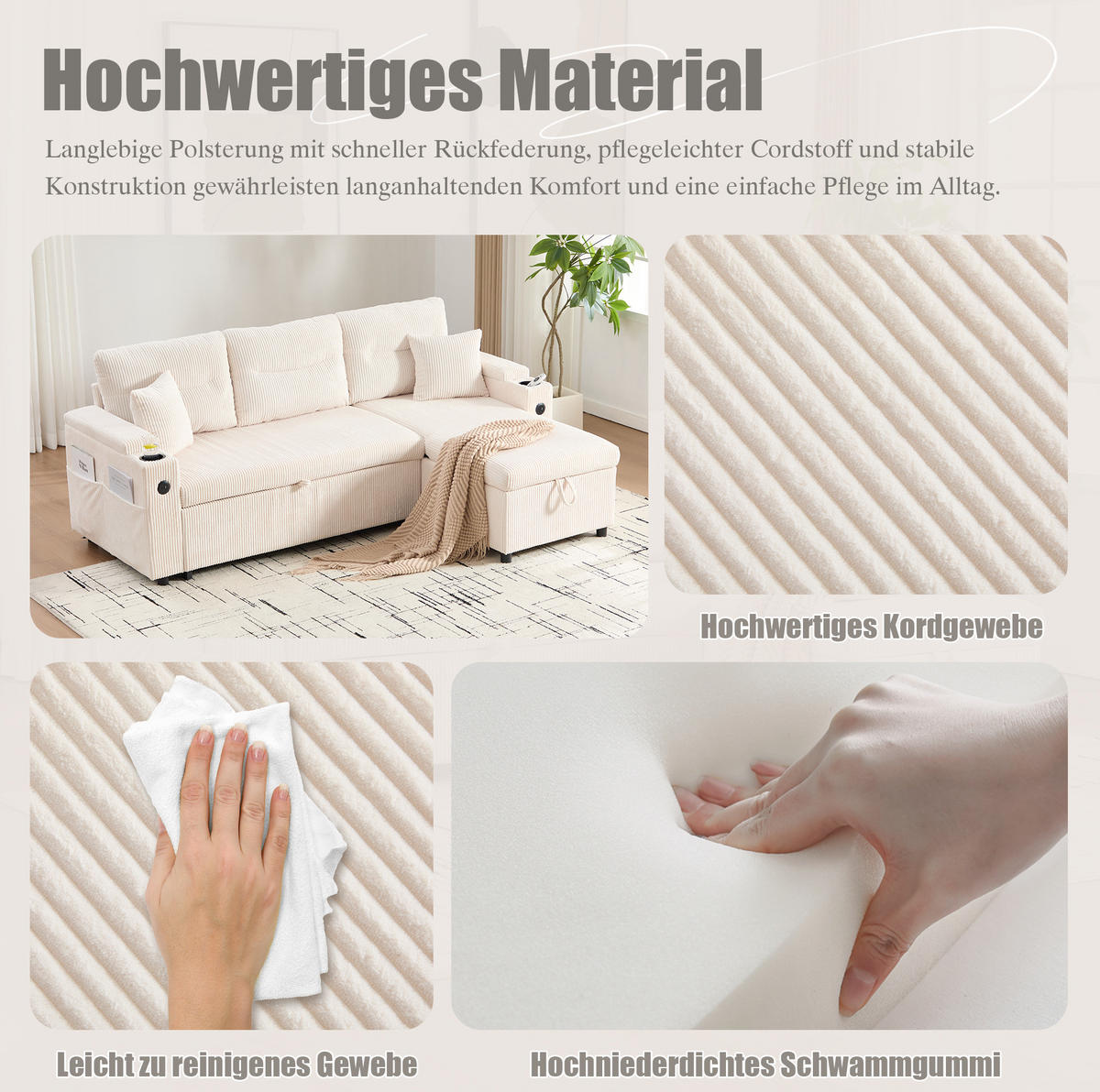 ECKSCHLAFSOFA 3-Sitzer Cord mit Stauraum USB-Anschluss und Becherhalter Beige 212,5/136/86 cm - Beige, Textil (136/212.5cm) - Redom