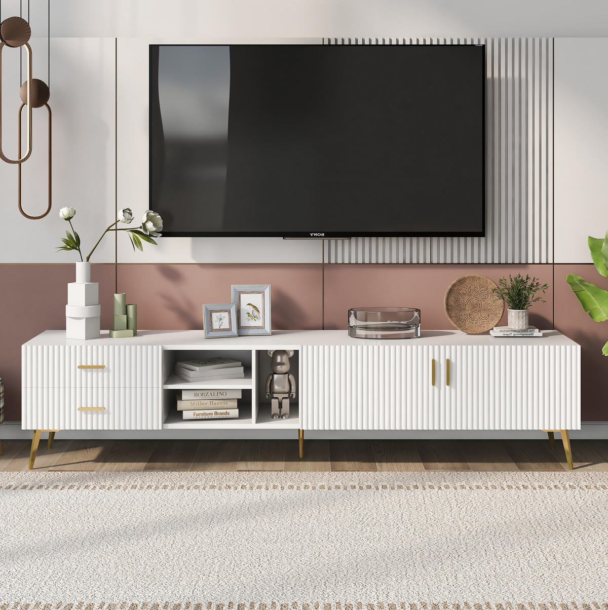 TV-LOWBOARD aus MDF 180x35x41 cm Weiß mit 2 Schubladen, 2 Türen und 3 offenen Fächern - Weiß, Holzwerkstoff (180/44/35cm) - Modfu