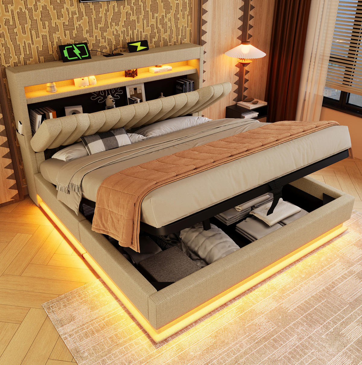 BETT mit Stauraum und LED 160x200 cm Leinen Beige - Beige, Metall (160/200cm) - Meubliv