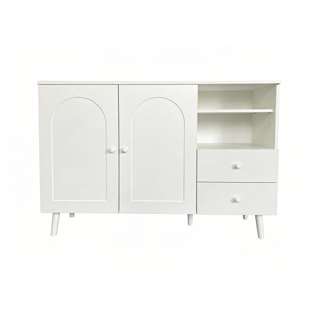 SIDEBOARD in Weiß mit Schubladen und offenen Fächern für Wohnzimmer, B118/T35/H82 cm - Weiß, Holzwerkstoff/Metall (118/82/35cm) - STILVORA