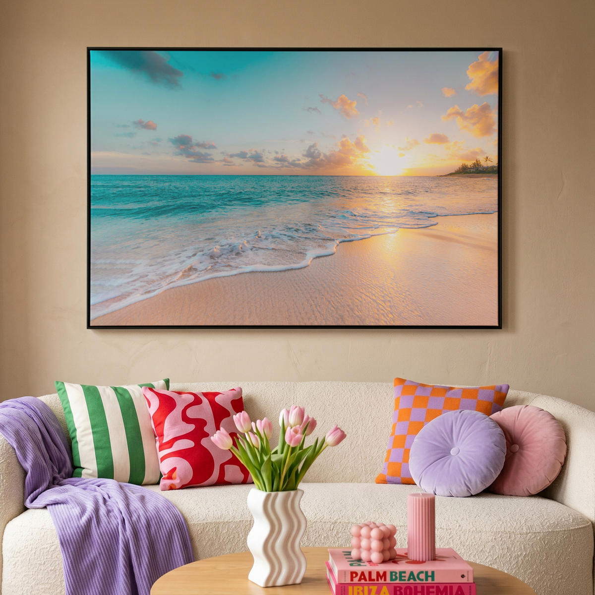 LEINWAND Bilder mit Rahmen - Sonnenuntergang - Strand - Meer - Sommer - Blau - 140x90 - Multicolor, Textil (140/90cm) - MuchoWow