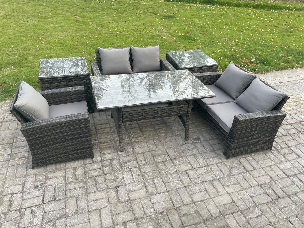 GARTENMÖBELSET mit 2-Sitzer Sofa,2 kleine Fußhocker,Esstisch,2 Beistelltischen Polyrattan Dunkelgrau 5-Sitzer - Dunkelgrau/Grau, Glas/Kunststoff - Fimous
