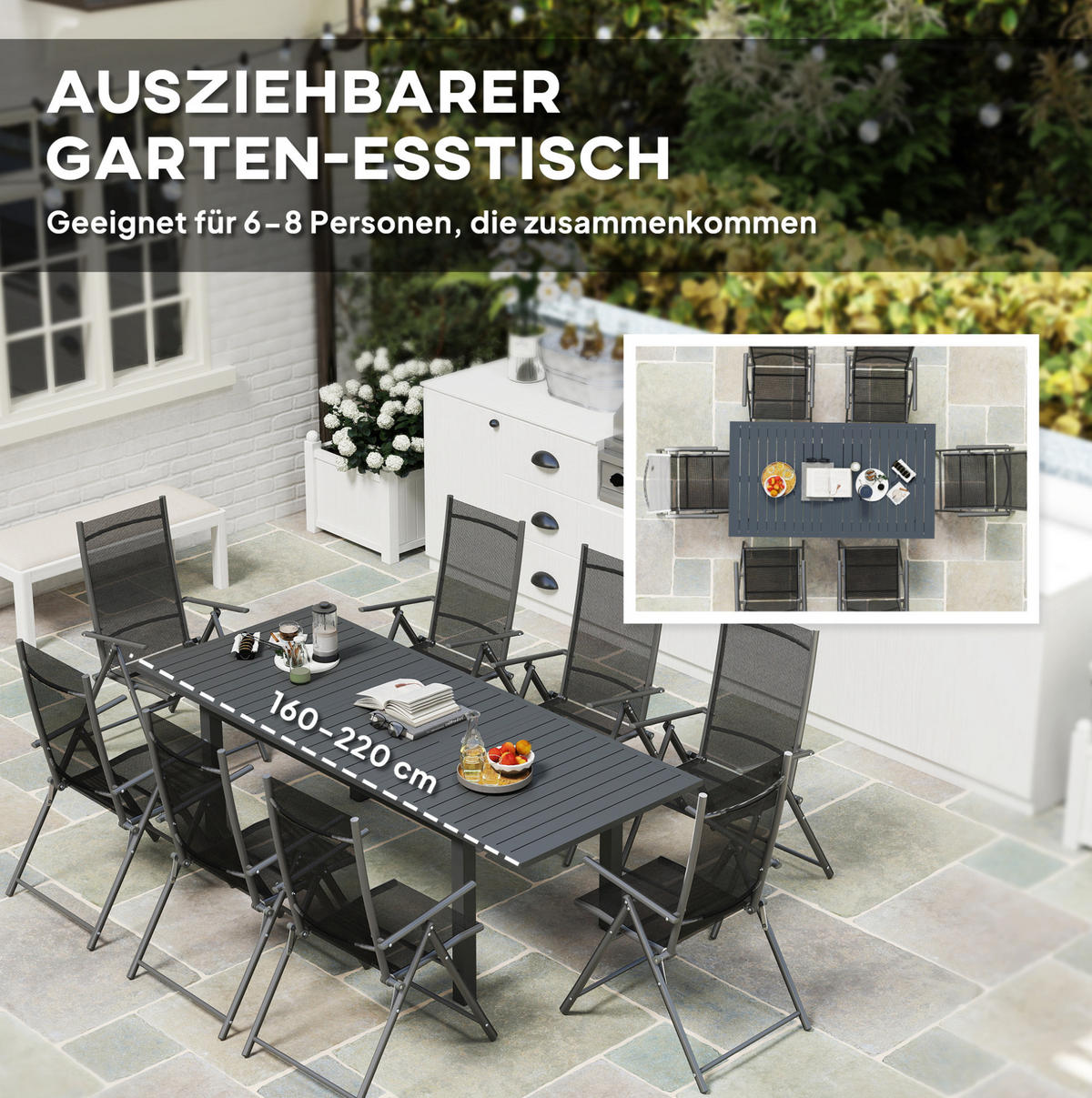 GARTENTISCH 220/90/73 cm grau aus Aluminium ausziehbar - Grau, Metall (220/90/73cm) - OKWISH