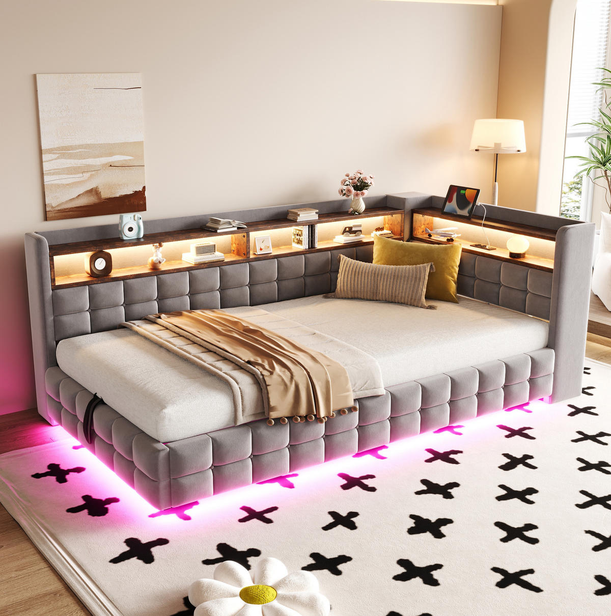 ČALOUNĚNÁ postel 90/200 cm s hydraulickým úložným prostorem, LED osvětlením, USB, Type-C a policemi, Světle šedá - světle šedá, textil (90/200cm) - Redom