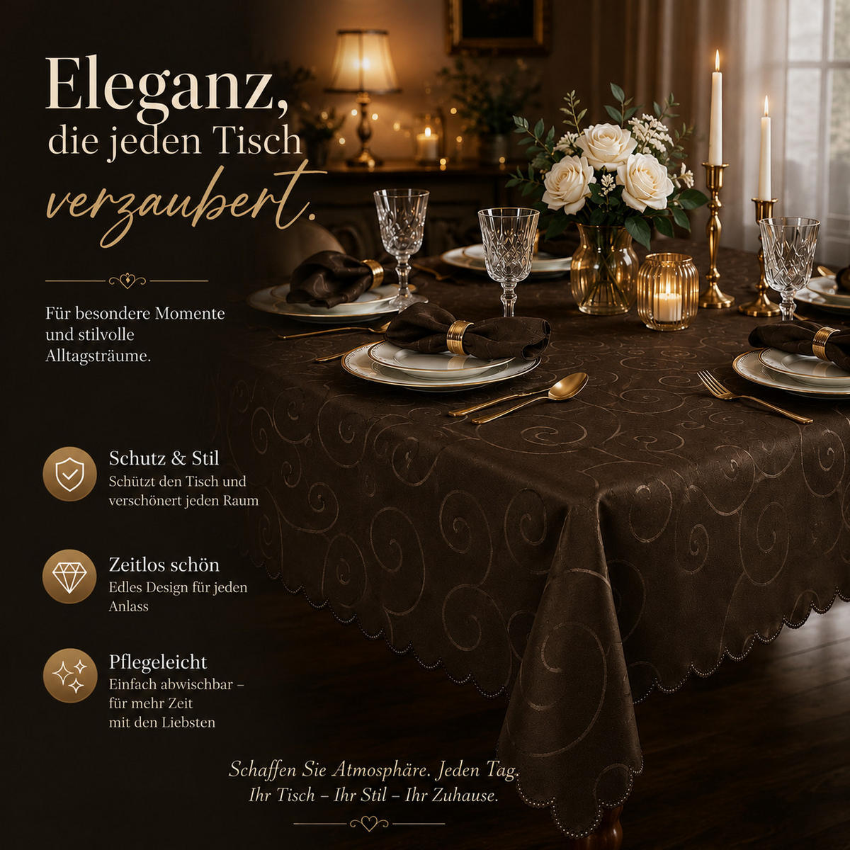 TISCHDECKE 160/400 cm oval Ornamente Dunkelbraun - Dunkelbraun, Textil (160/400cm) - TiborTex