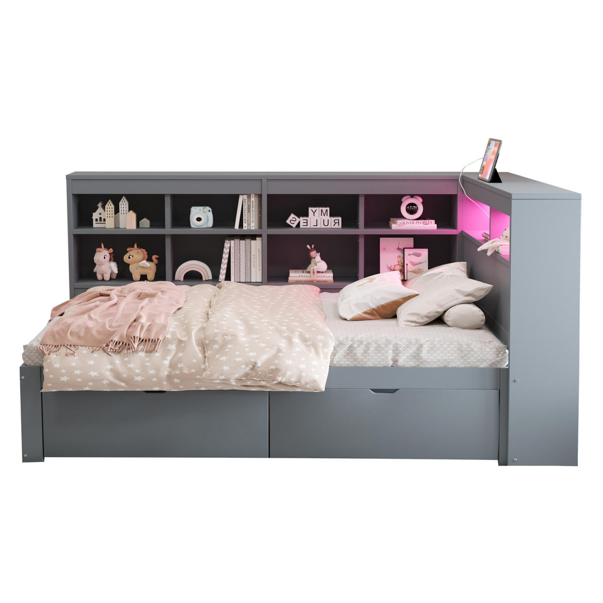 MULTIFUNKTIONSBETT 90/200 cm Grau mit Ablagefächern und USB-Steckdose mit LED-Beleuchtung - Grau, Holzwerkstoff (90/200cm) - OKWISH