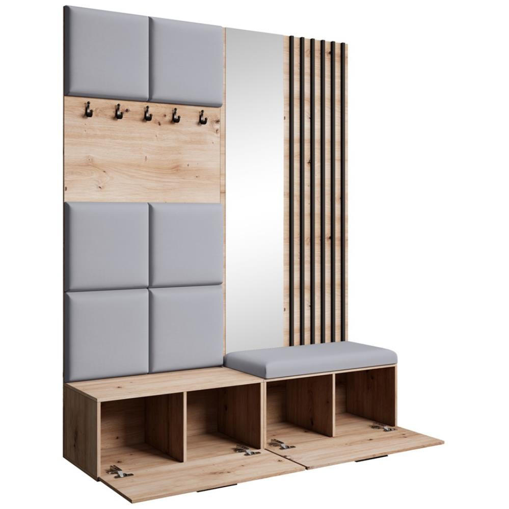 GARDEROBE Margaret I+II 162/203/43 mit gepolsterten Paneelen/Lamellen/Spiegel - Schwarz/Eiche Artisan, Holzwerkstoff/Kunststoff (162/203/43cm) - Beautysofa