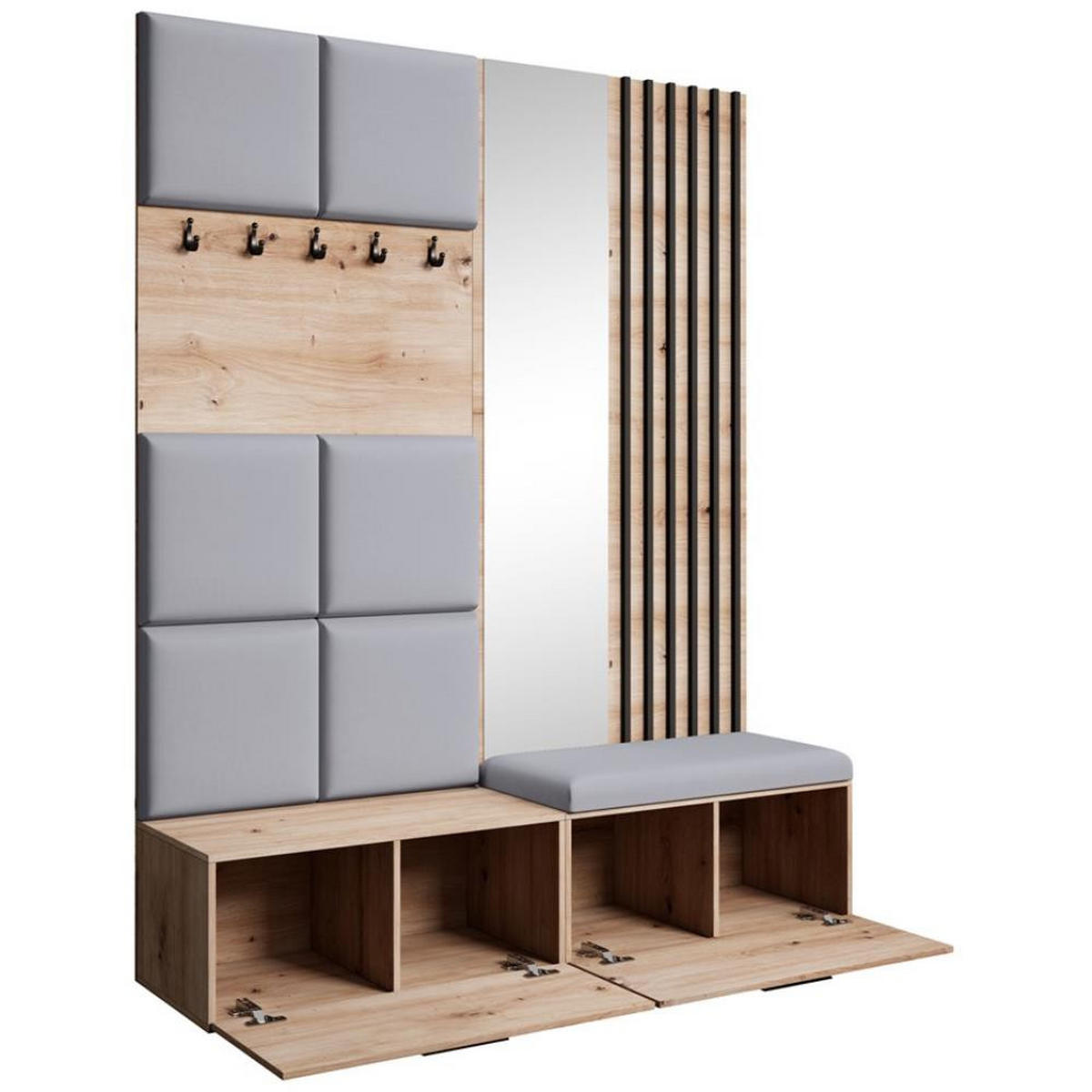 GARDEROBE Margaret I+II 162/203/43 mit gepolsterten Paneelen/Lamellen/Spiegel - Schwarz/Eiche Artisan, Holzwerkstoff/Kunststoff (162/203/43cm) - Beautysofa
