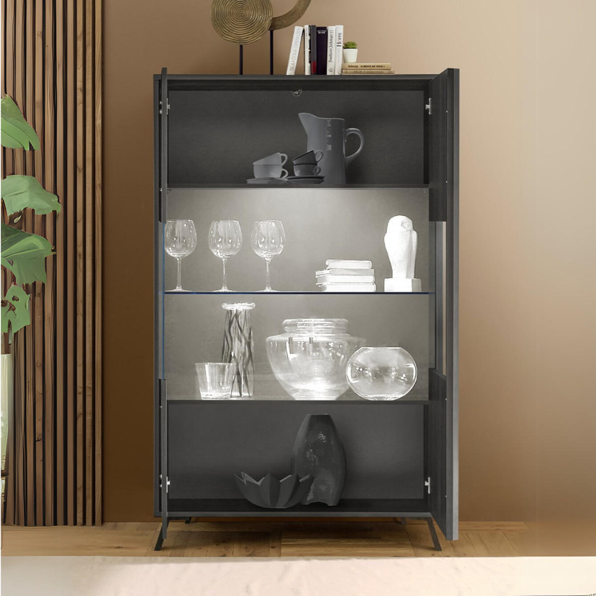 VITRINE 2 Türen H174 cm - City - Schwarz, Holzwerkstoff (40/174/104cm) - Calicosy