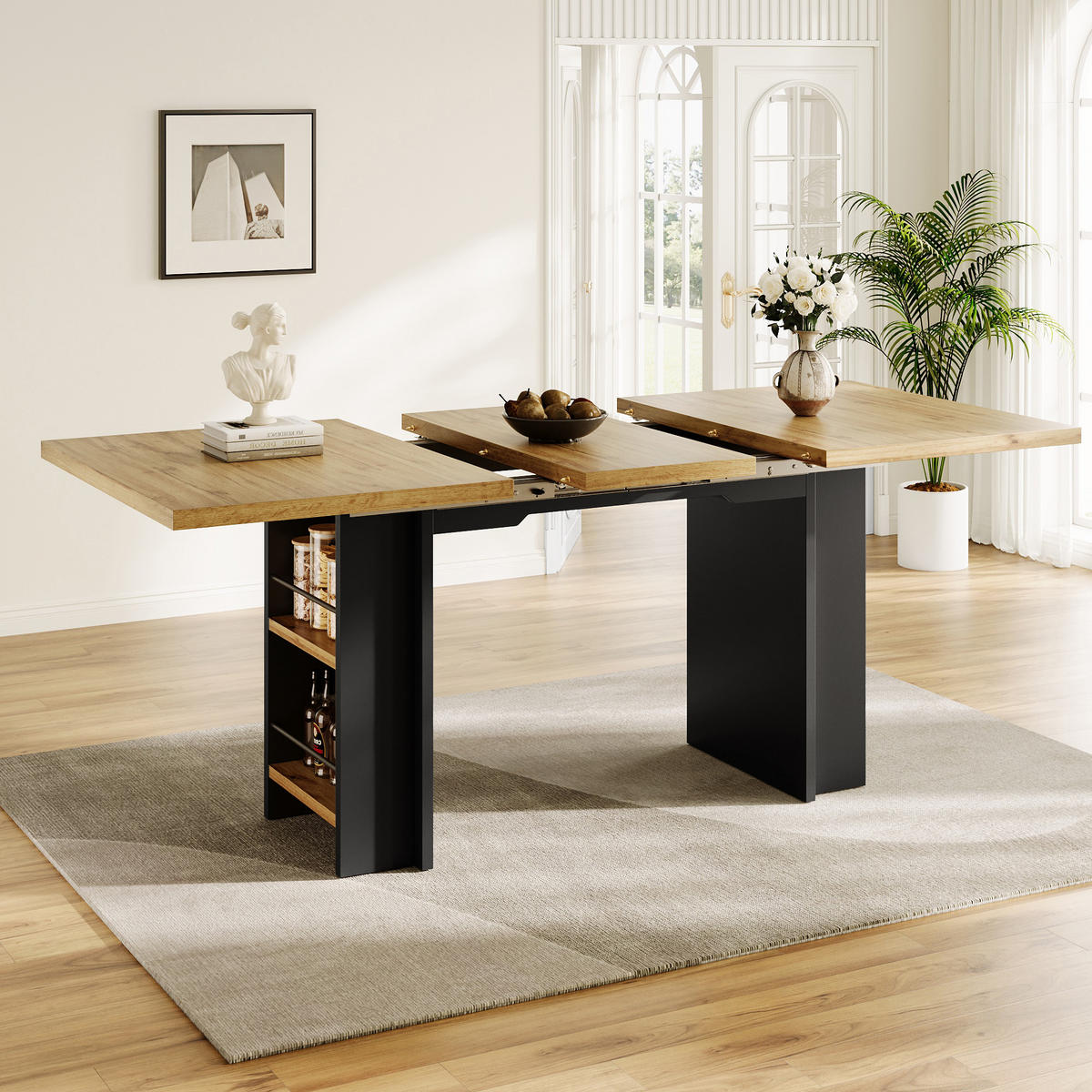 ESSTISCH Sideboard Holzoptik verstellbarer Tisch Stauraum Arbeitsplatte Büro Wohnzimmer - Schwarz/Naturfarben, Holzwerkstoff/Metall (160/80/75cm) - EVRYAE