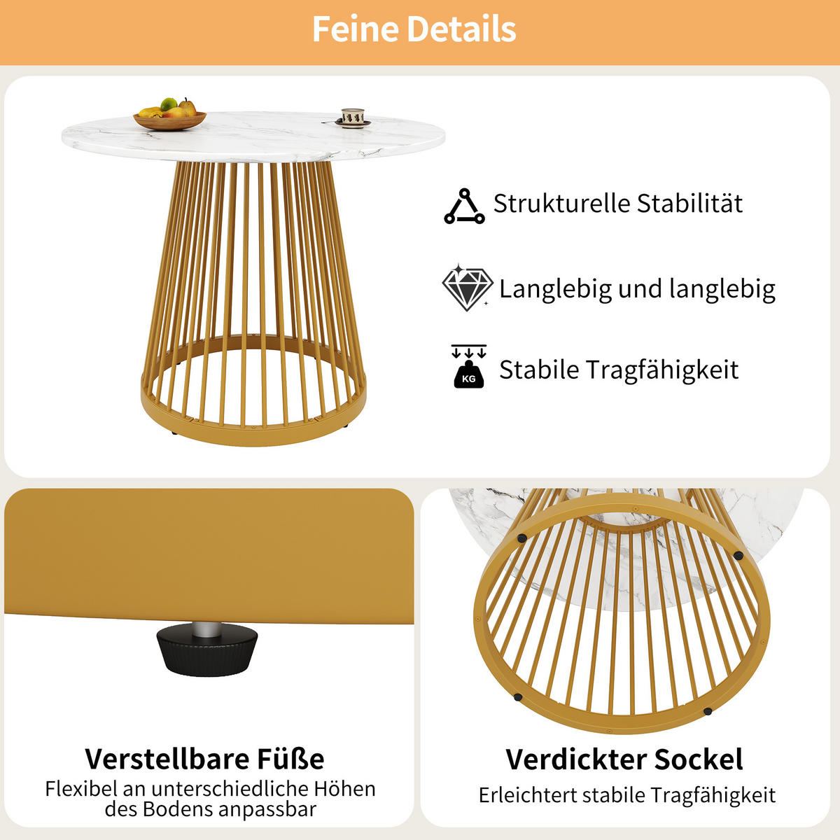 ESSTISCH 80x80x76 cm in Gold und Weiß aus MDF mit Marmoroptik - Weiß, Holzwerkstoff (80/80/76cm) - Modfu