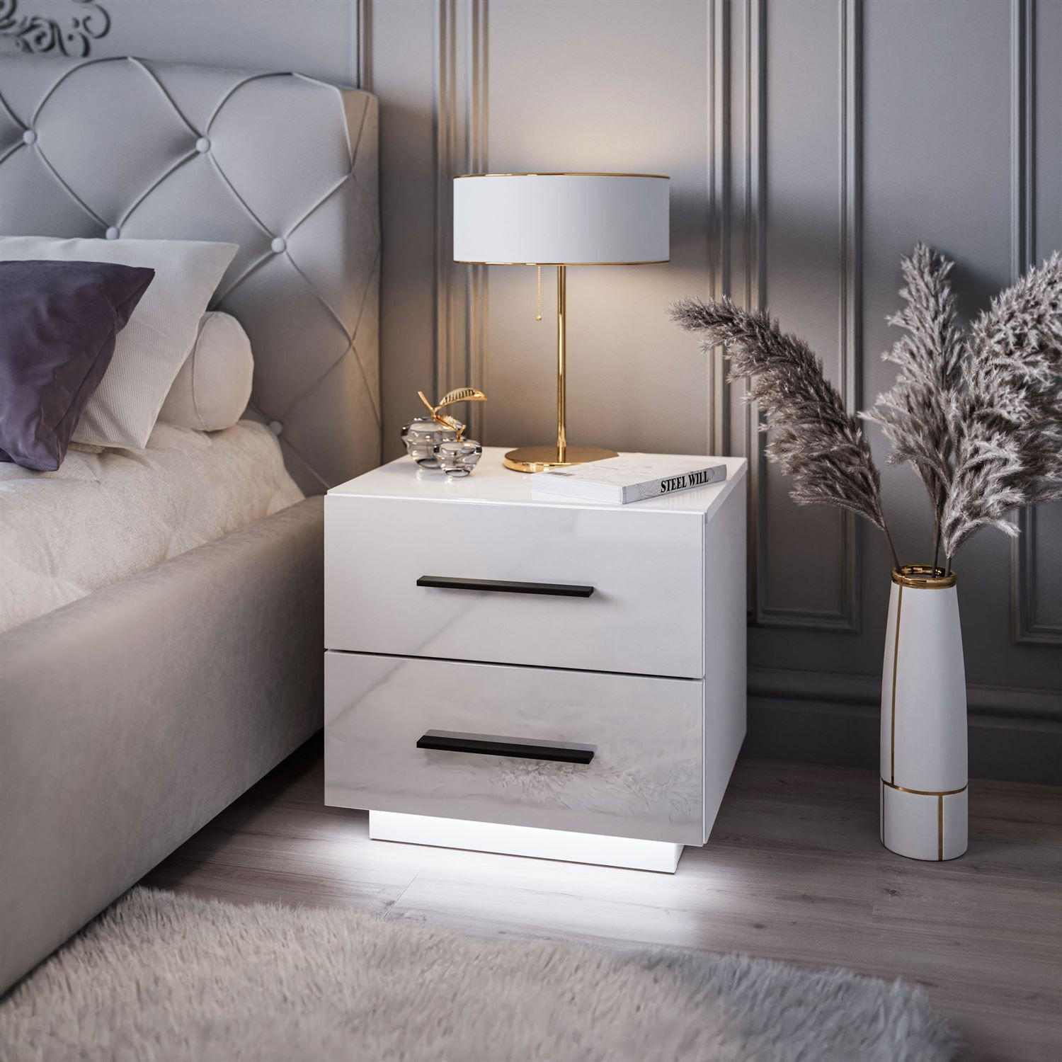 NACHTTISCH LINA LUX mit Griffen und Hochglanzplatte, LED – Griffe: Schwarz - Weiß, Holzwerkstoff (45/48/38.5cm) - Lookway