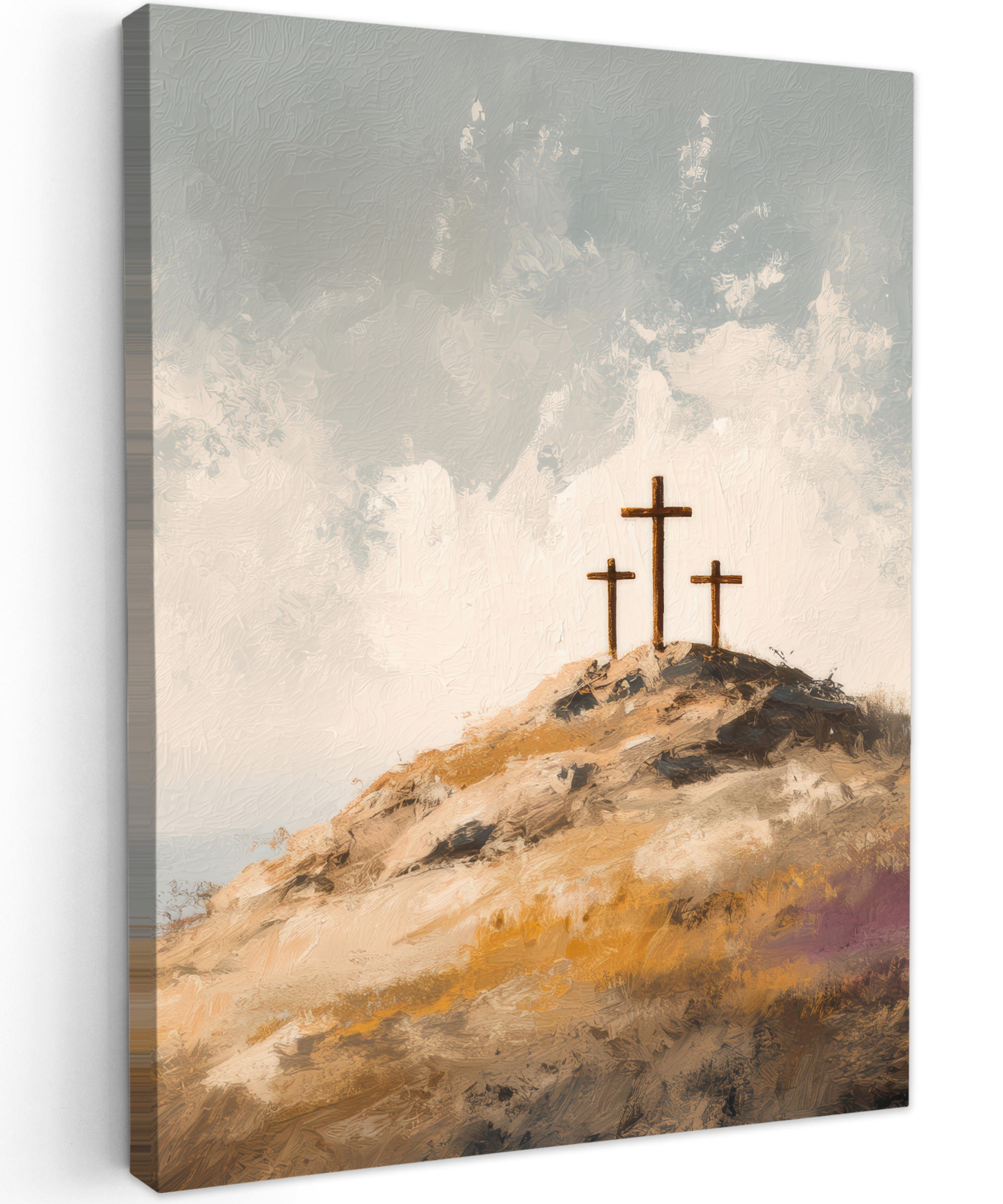 LEINWANDBILD Hügel - Abstrakt - Christentum - Kreuz Room Decor 30x40 cm - Hellgrau, Textil (30/40cm) - MuchoWow