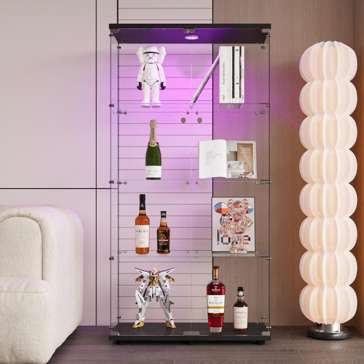 VITRINE LED-Glasvitrine Schwarz Mit 2 Türen, 4 Ebenen, Spiegel & Licht - Schwarz, Holz (36.49/163.9/80.49cm)