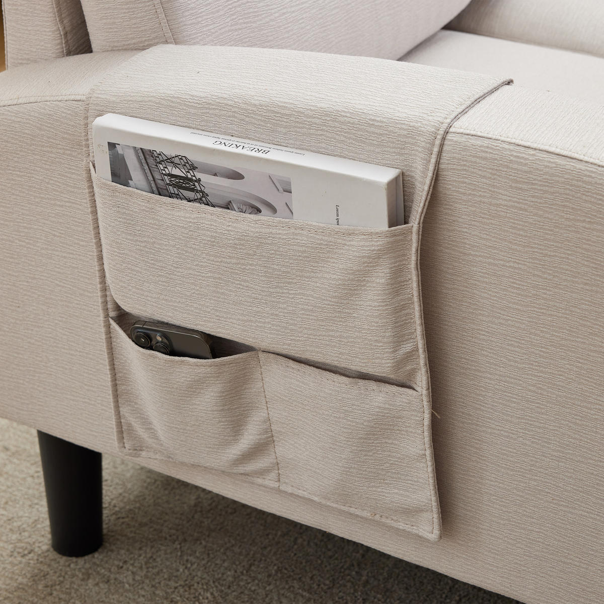 ECKSOFA L Form 3-Sitzer Chaiselongue Stauraum Tasche Beige 204cm - Beige, Textil (204/136cm) - FLIEKS