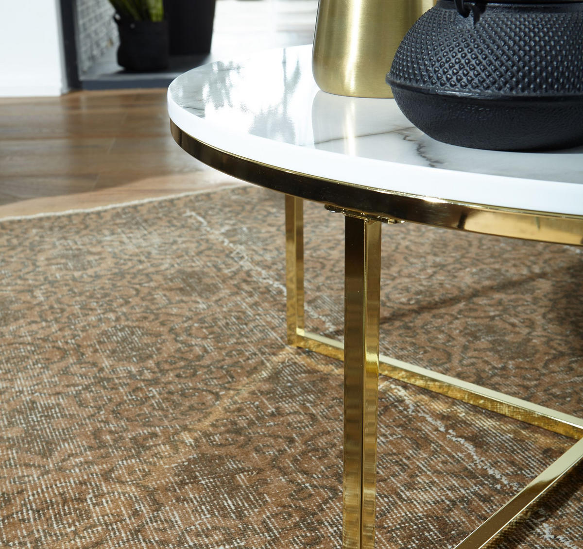COUCHTISCH mit Marmor-Optik und Hochglanz-Finish, rund, Weiß 80x80x35 cm - Goldfarben/Weiß, Holz/Metall (80/80/35cm) - KADIMA DESIGN