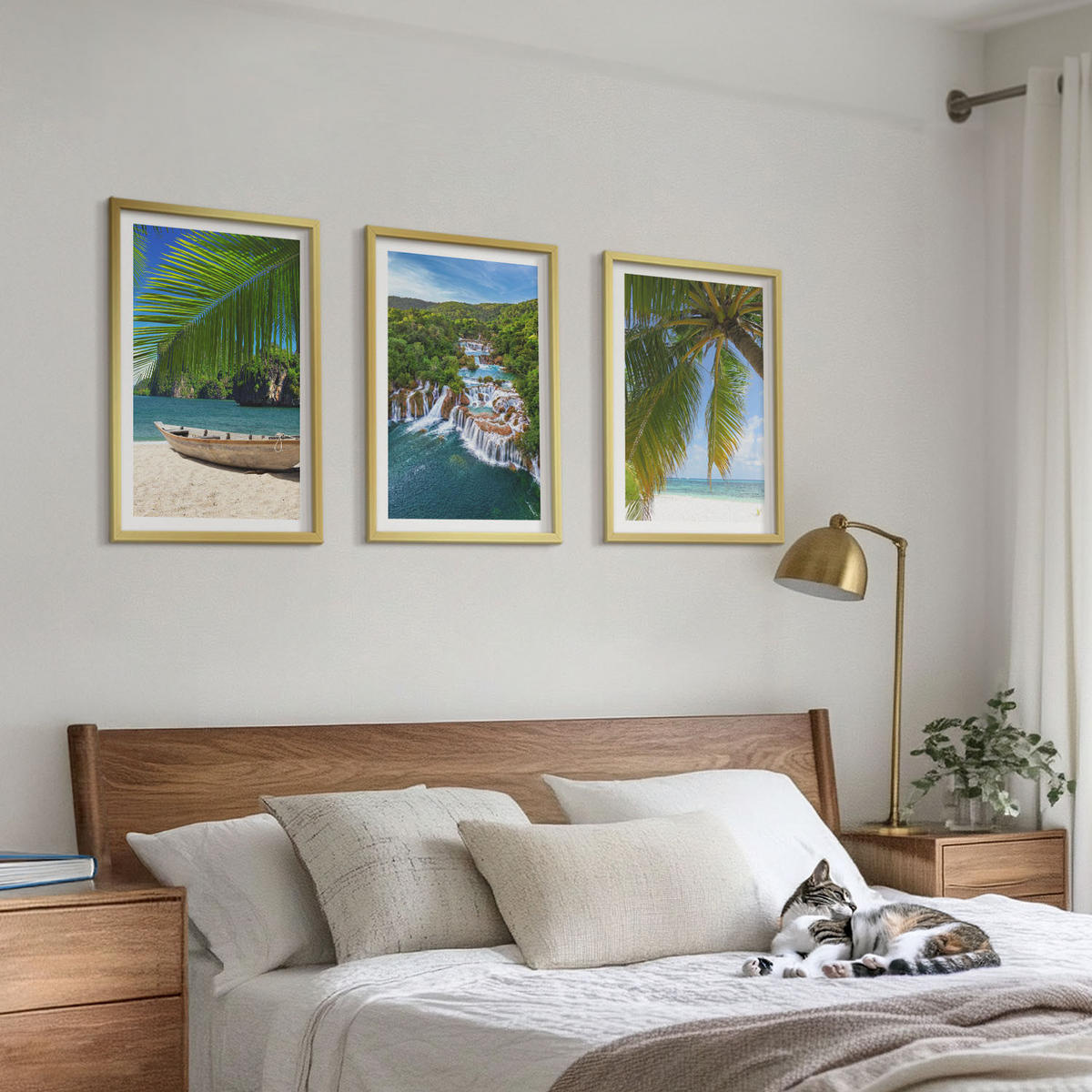 WANDBILDER 3er Set - 40x60 cm Goldrahmen - Strand, Boot, Wasserfälle, Palmen - Goldfarben, Kunststoff (40/60cm) - ArtPrintCave