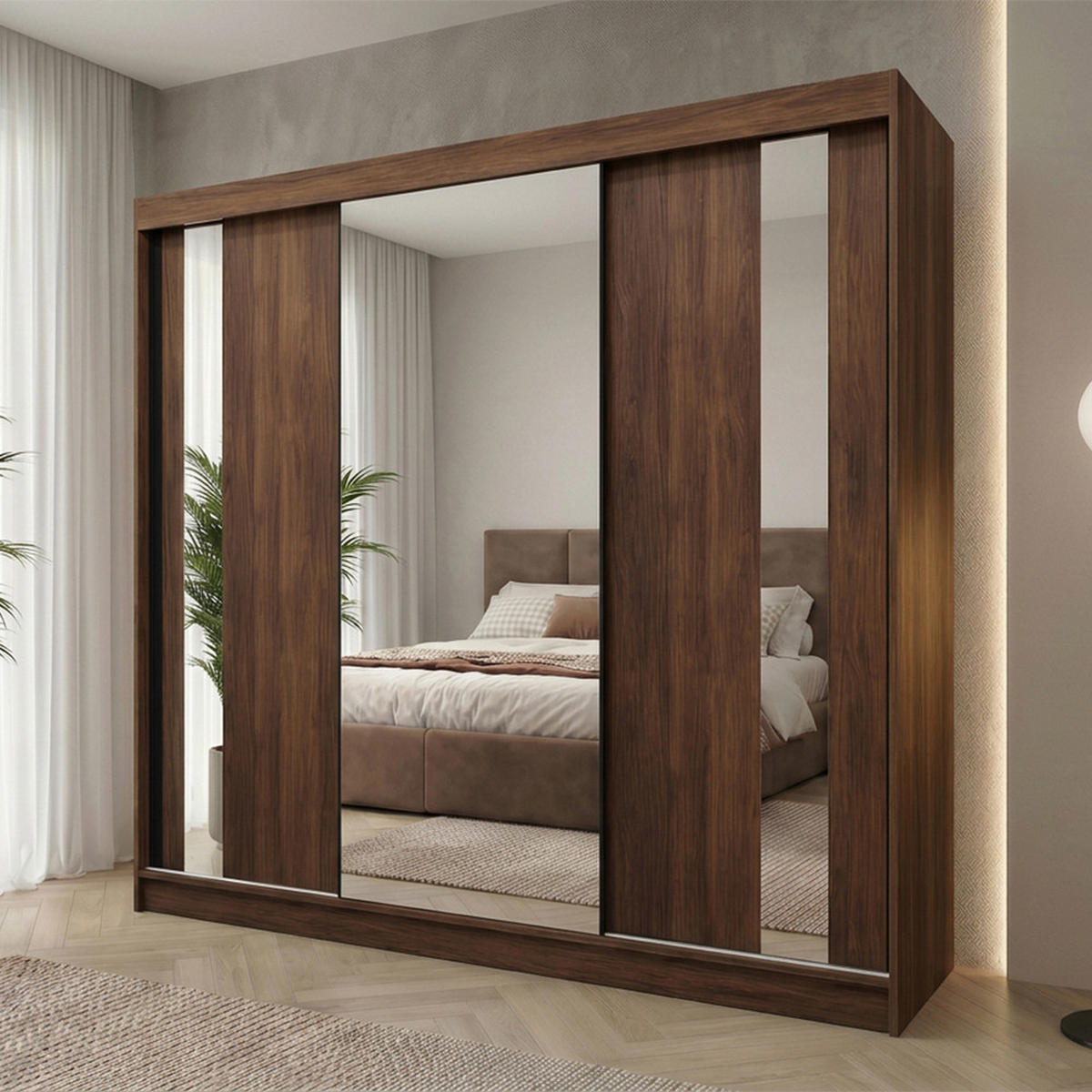 SCHWEBETÜRENSCHRANK Gaja mit 3 Türen, mit Spiegel 240/216/61 Walnuss - Walnussfarben, Holzwerkstoff (240/216/61cm) - Beautysofa