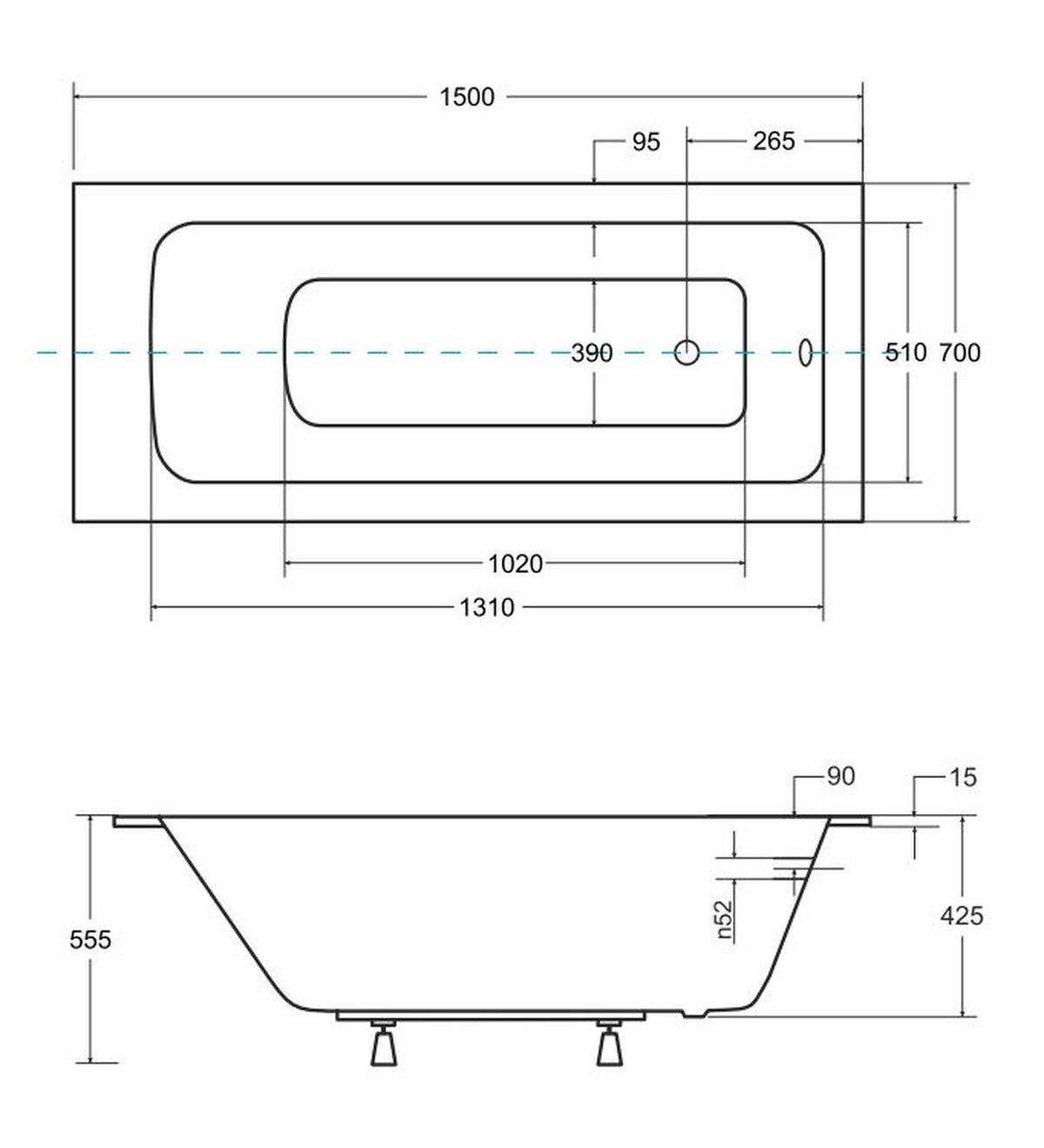 BADEWANNE Rechteck TALIA SLIM 150/70 mit Träger Ablauf Füße - Weiß, Kunststoff (70/55.5/150cm) - bad land