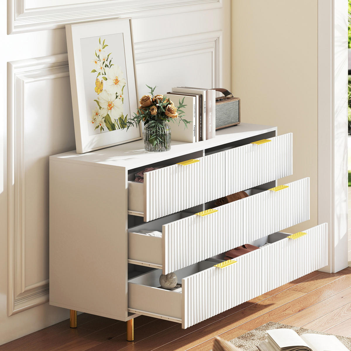 KOMMODE 120/40/72 cm mit 6 Schubladen, MDF mit goldfarbenen Metallbeinen, Weiß - Weiß, Holzwerkstoff (120/72/40cm) - Redom