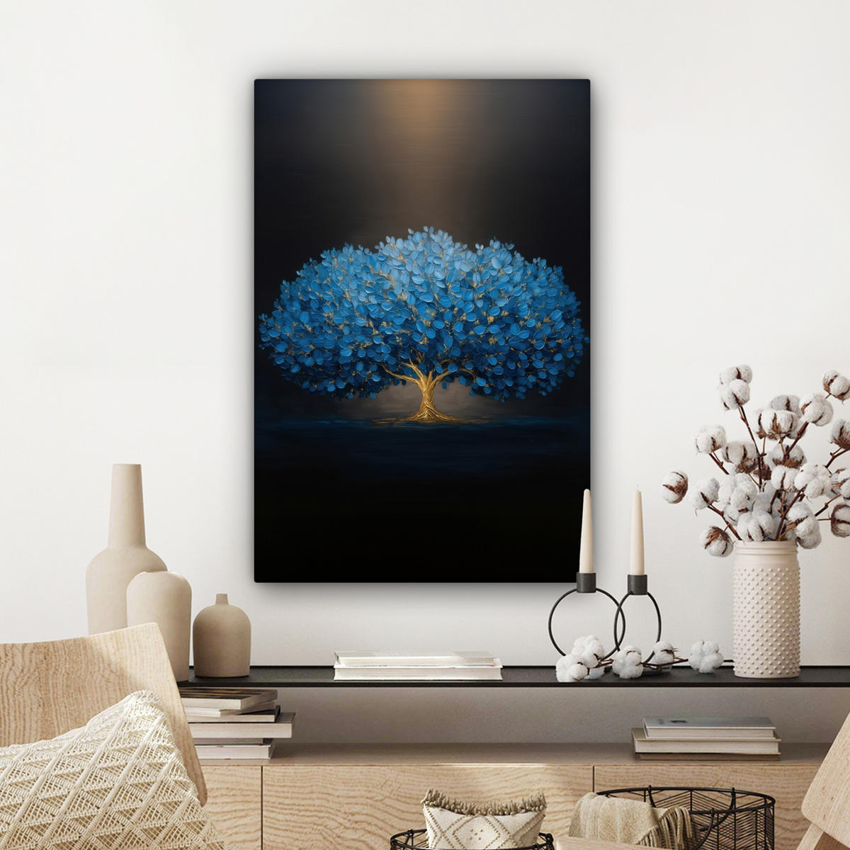 LEINWANDBILD Baum - Blau - Blätter - Pinselstriche Wanddeko Schlafzimmer 60x90 cm - Blau, Textil (60/90cm) - MuchoWow