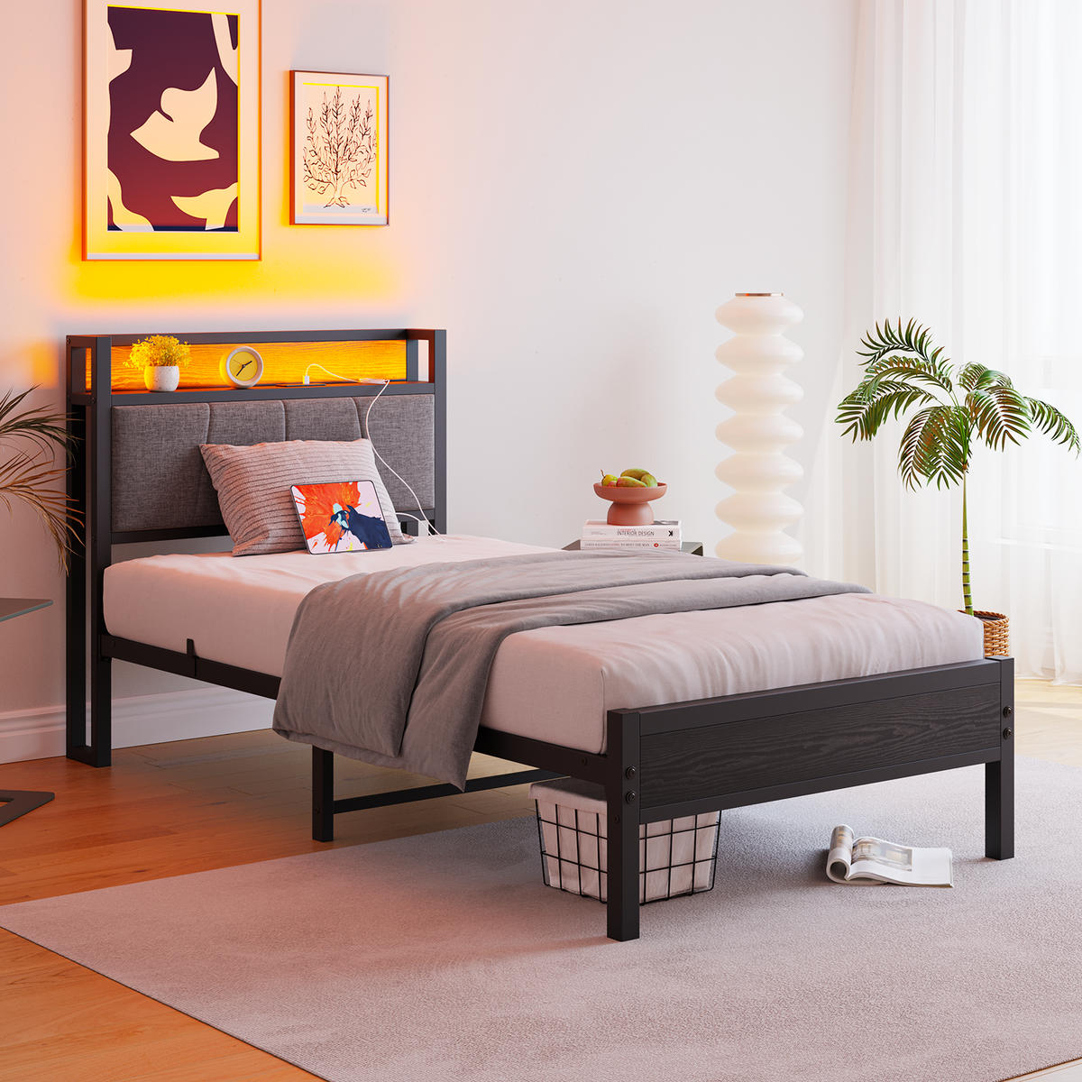 METALLBETT 90x200 cm LED USB Stauraum - Schwarz, Holzwerkstoff (90/200cm) - LEBENLANG