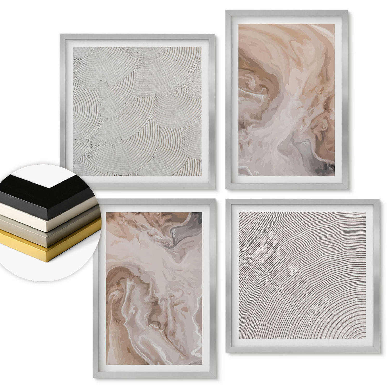 WANDBILDER 4er Set - 50x50 cm & 40x60 cm Silberner Rahmen - Marmorstein-Texturmuster - Silberfarben, Kunststoff (50/50cm) - ArtPrintCave