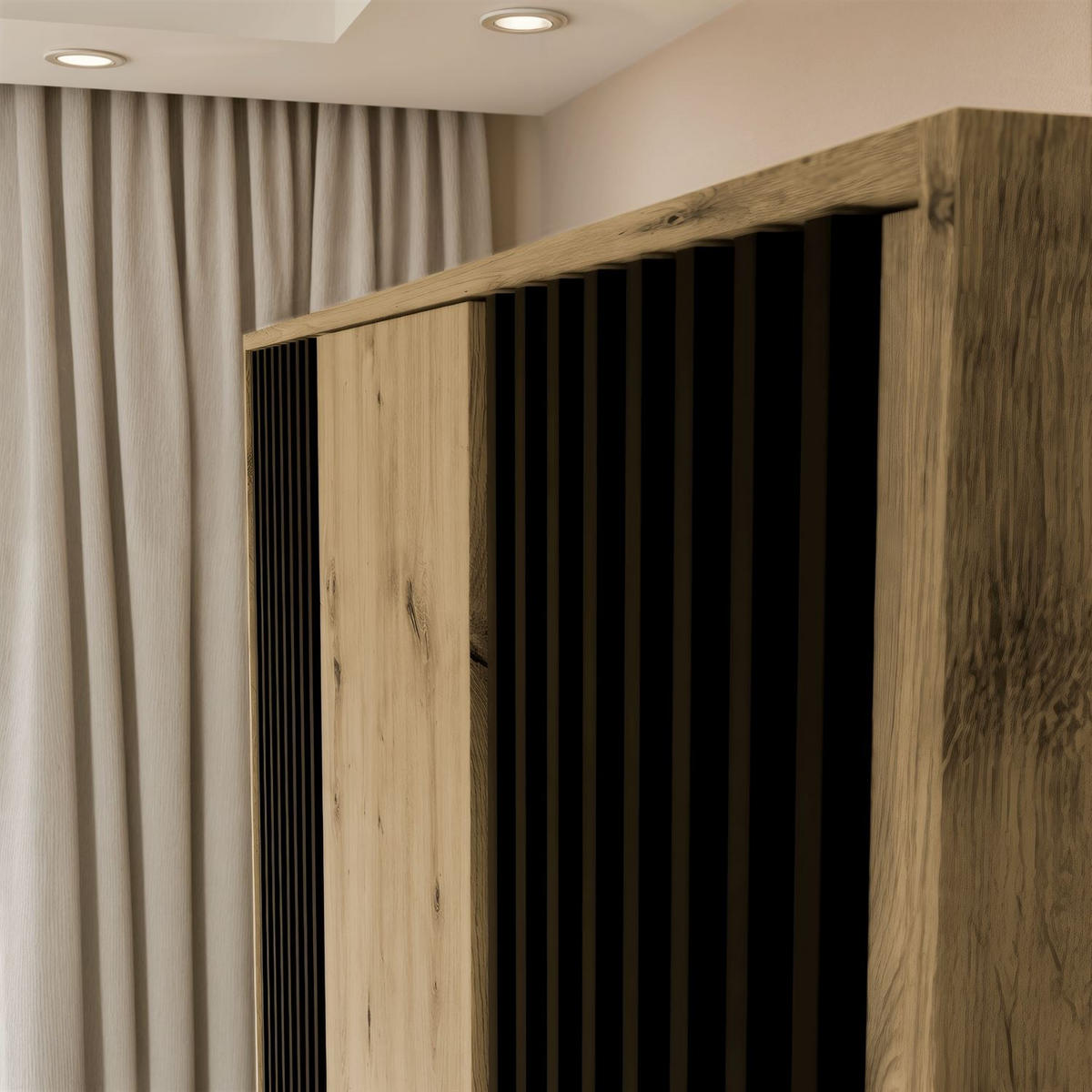 KLEIDERSCHRANK NELA, dreitürig mit Lamellen, 155 cm, Artisan/Schwarz - Eiche Artisan, Holzwerkstoff (155/200/51cm) - Lookway