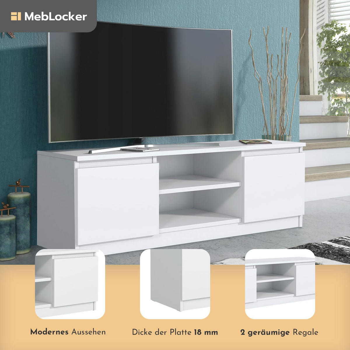 TV Schrank Weiß 120,4 x 39 x 38,5cm Wohnzimmer Möbel - Weiß, Holzwerkstoff (120/39/39cm) - MebLocker