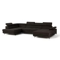 WOHNLANDSCHAFT RUBANO L-S Braun Velours-Stoff mit Schlaffunktion - Braun, Holz (339/89/190cm) - MASSENO