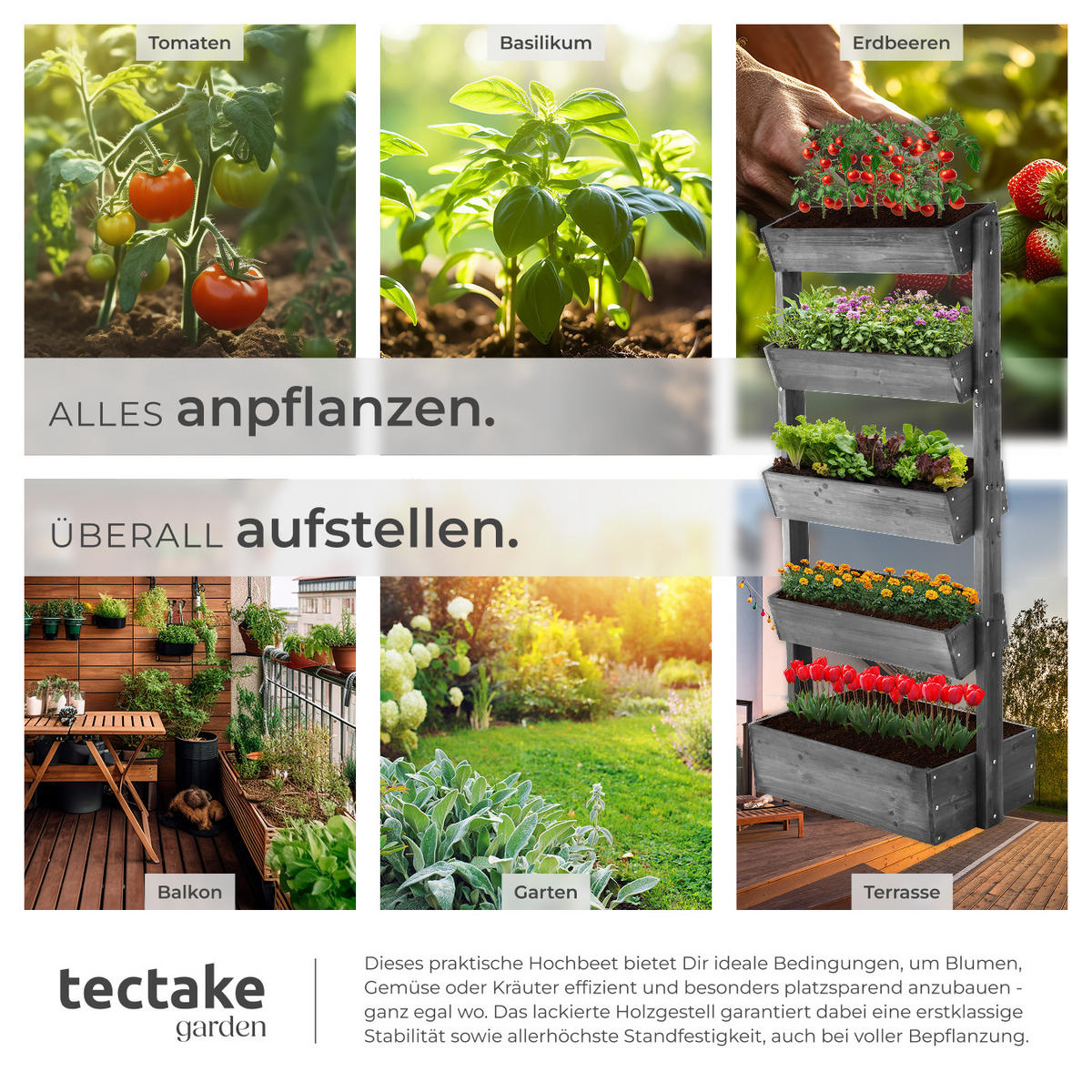 VERTIKALBEET Flora,inklusive Pflanzvlies, 81 x 52 x 180 cm,grau - Grau, Holz (81/180/52cm) - tectake