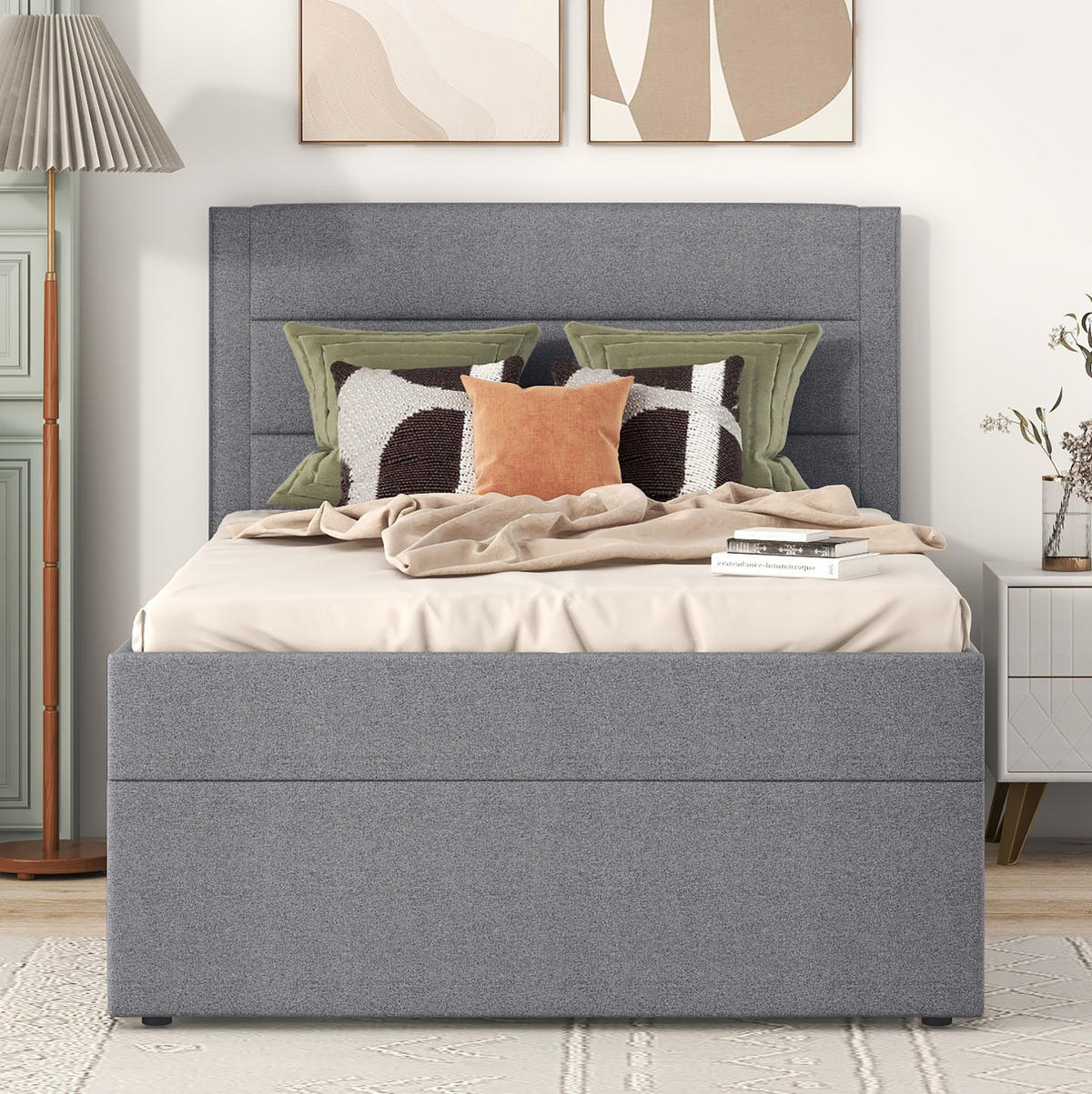 POLSTERBETT 90/200 cm Grau mit Stauraum und Lattenrost aus MDF - Grau, Holzwerkstoff (90/200cm) - OKWISH