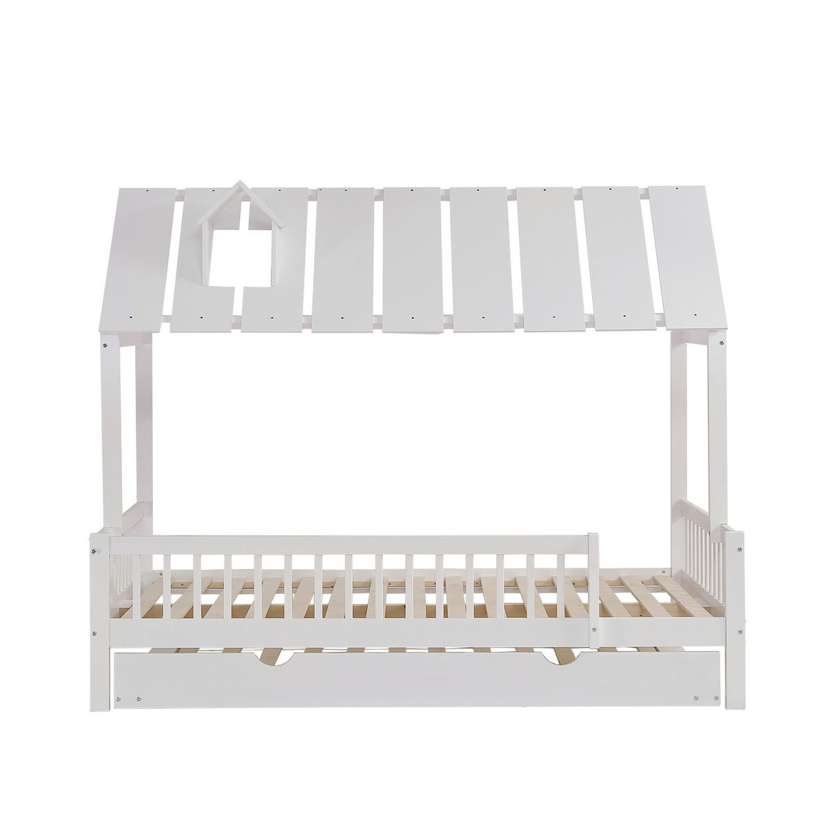 HAUSBETT 120/200 cm und 120/190 cm Weiß mit Rollbett und Dach mit Kaminleiste aus Kiefer+MDF - Weiß, Holzwerkstoff (120/200cm) - OKWISH