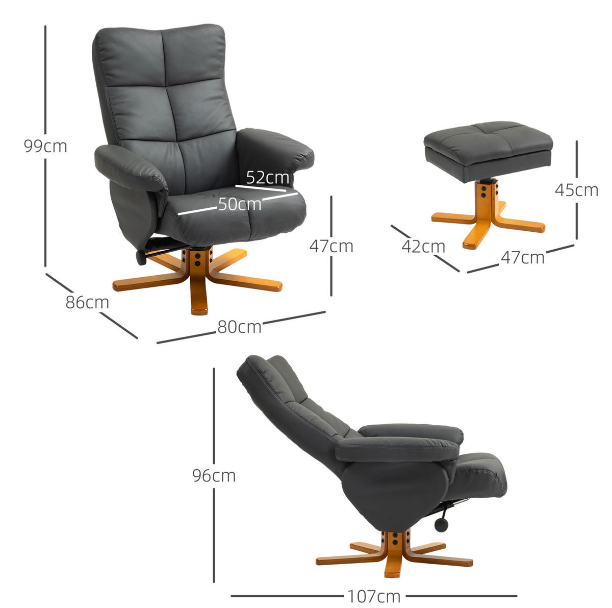 FOTELJA za opuštanje 80/86/99 cm s osloncem za noge, spremištem i funkcijom nagiba, Tamnosiva - tamno siva, drvo (86/99/80cm) - Redom
