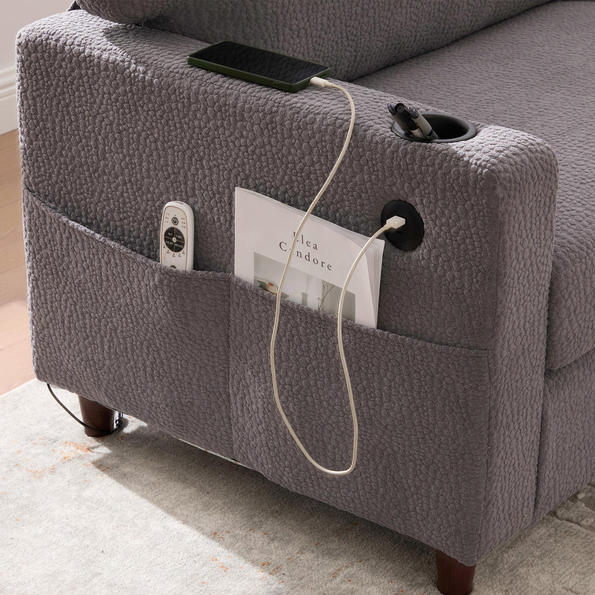 2-SITZER SOFA Chenille Hellgrau mit USB-C, LED, Getränkehaltern und Seitentaschen - Hellgrau, Holzwerkstoff/Textil (203/86/77.5cm) - WISHDOR