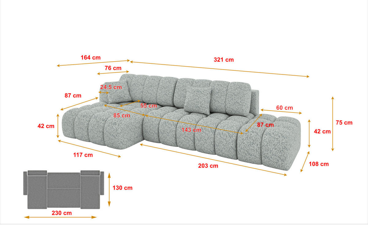 ECKSOFA mit Schlaffunktion Ottomane Links OLEA-L2 321x164x75 Grün Tissu - Smaragdgrün/Schwarz, Holzwerkstoff/Kunststoff (321/164cm) - ALTDECOR