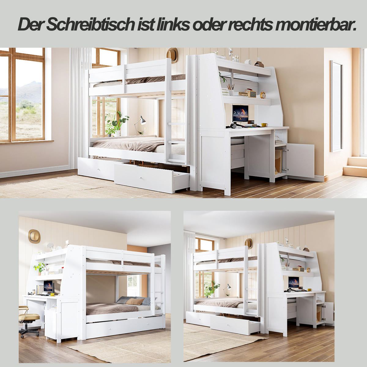 ETAGENBETT 140 x 200 cm mit Schrank und Schreibtisch, Weiß - Weiß, Holz (140/200cm) - FLIEKS