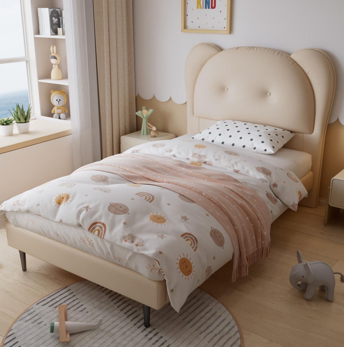 POLSTERBETT 90/200 cm Beige mit niedlichem Kopfteil in Tierform aus PU - Beige, Kunststoff (90/200cm) - OKWISH
