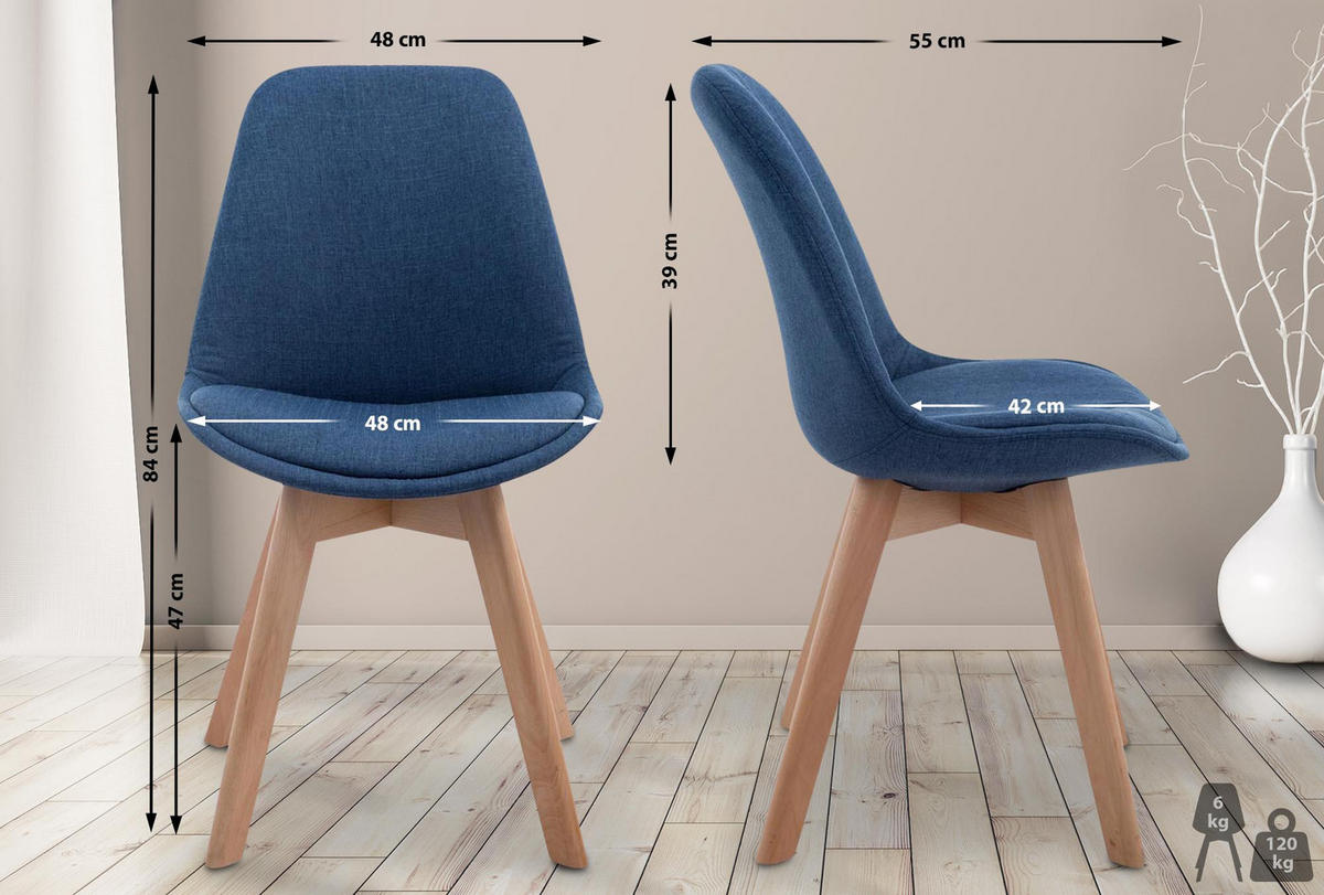 STUHL Stoff Blau - Blau/Eukalyptusholzfarben, Holz/Textil (48/84/55cm) - CLP