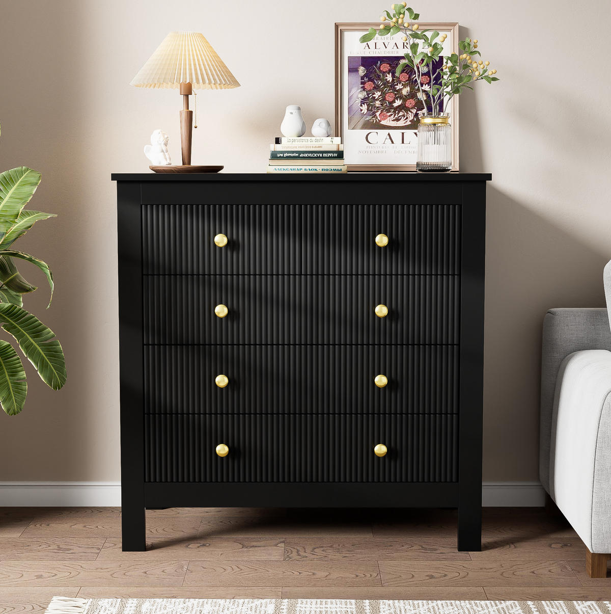 KOMMODE aus Spanplatte 79x39,5x80,5cm in Schwarz mit 5 Schubladen - Schwarz, Holzwerkstoff (80.5/80.5/39.5cm) - Modfu