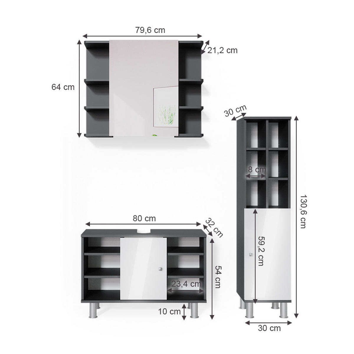 BADMÖBEL-SET Fynn Anthrazit 3 Teile, mit Midischrank Tür groß - Anthrazit/Weiß, Holzwerkstoff (60/54/32cm) - Vicco