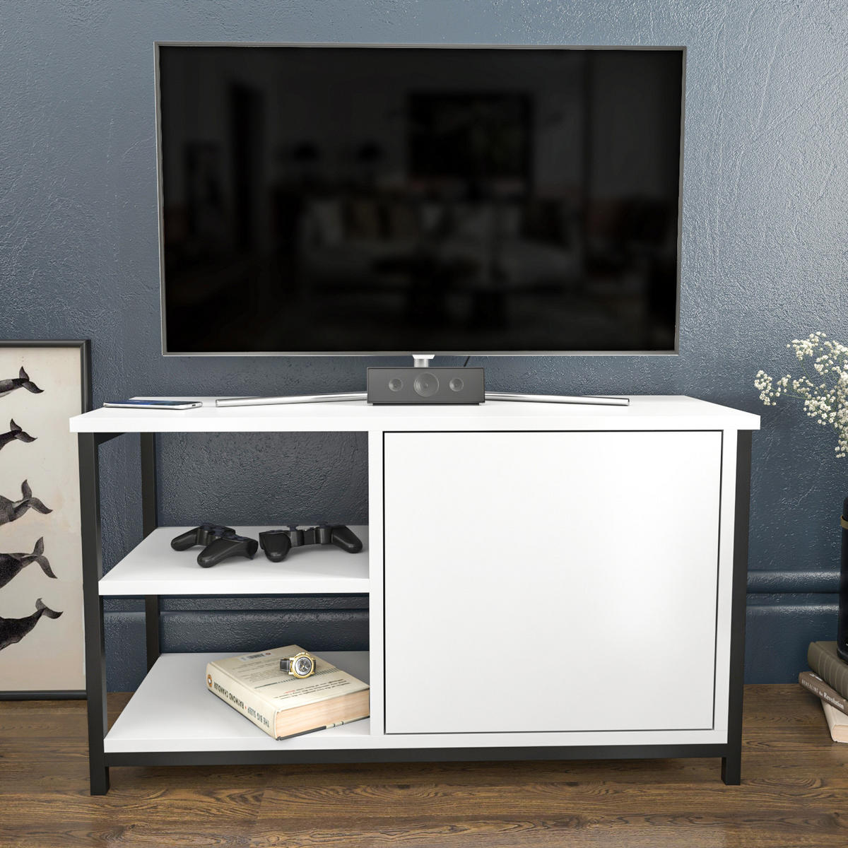 TV Unit Muskegon Schwarz Weiß - Schwarz/Weiß, Holzwerkstoff (90/51/36cm) - Decorotika