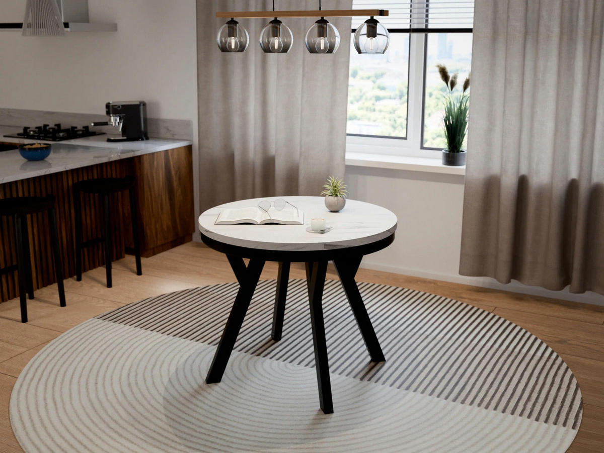 ESSTISCH ARI Rund (90-190 cm Ausziehbar Marmor Bianco Weiß Glamour Metallbeine) - Hellgrau/Schwarz, Holz/Holzwerkstoff (90/90/76cm) - Ravio
