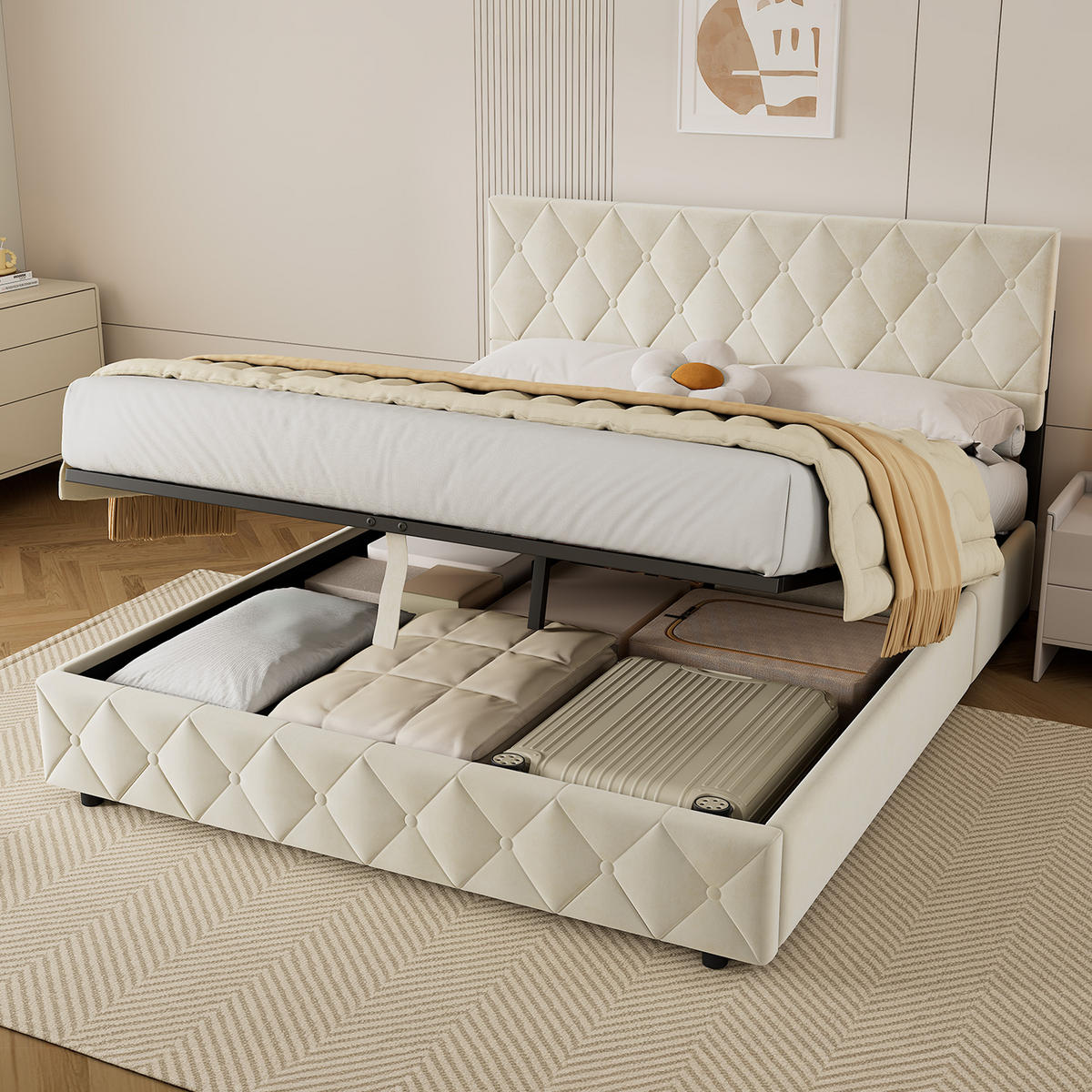 POLSTERBETT 160/200 cm mit Bettkasten in Beige aus Samtstoff Bettgestell mit Metallrahmen, ohne Matratze - Beige/Grau, Holzwerkstoff/Textil (160/200cm) - STILVORA