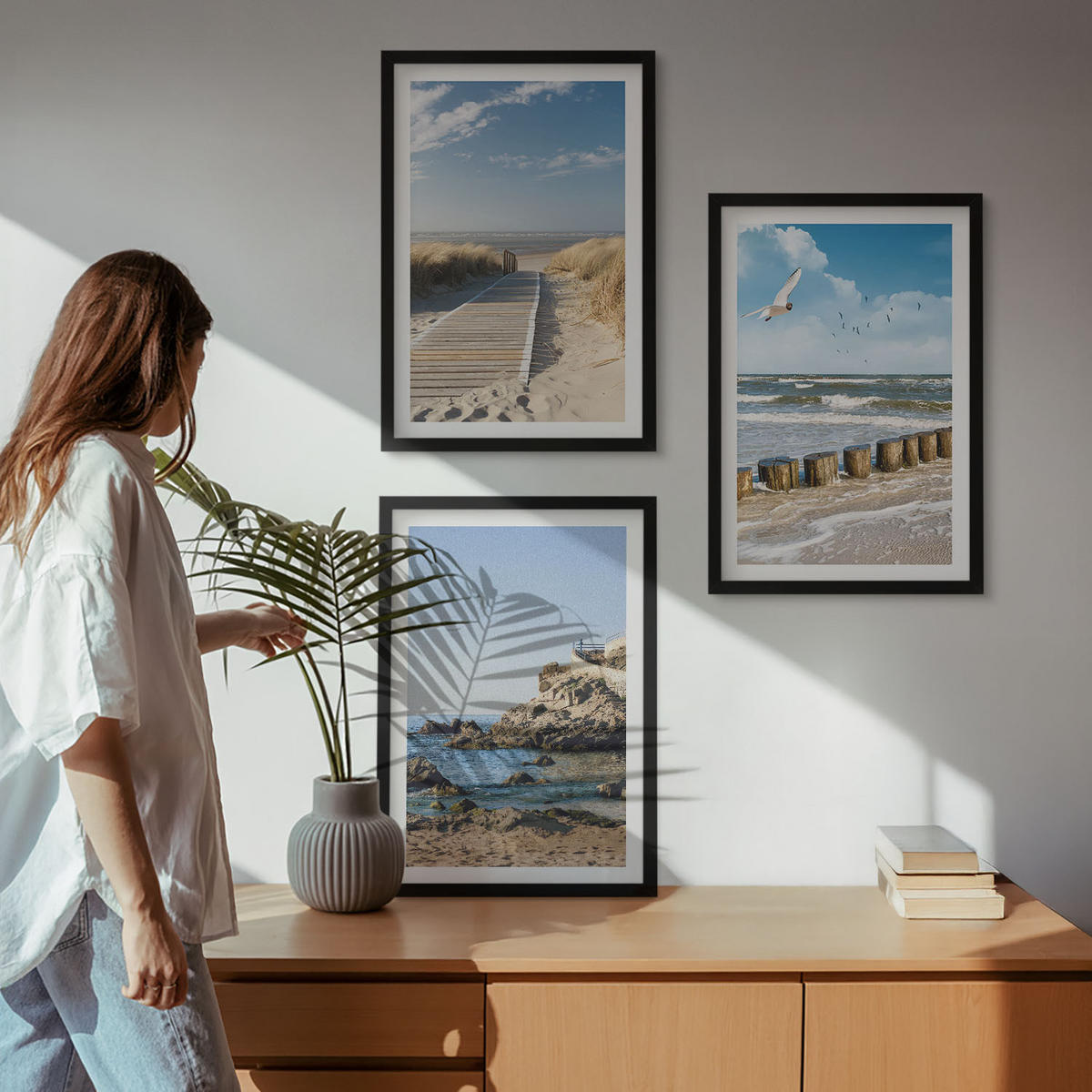 WANDBILDER 3er-Set - 40x60 cm Schwarzer Rahmen - Strand Holzsteg Klippen - Schwarz, Kunststoff (40/60cm) - ArtPrintCave